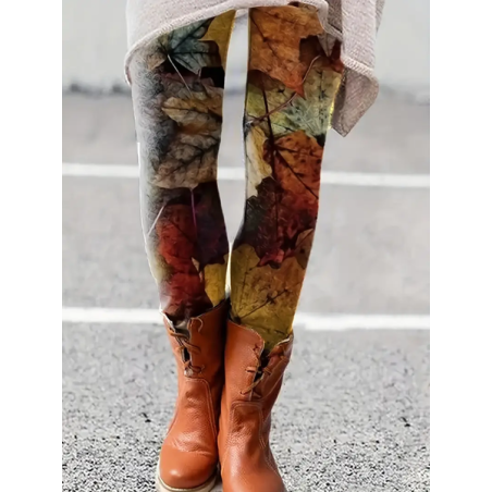 Women Maple Leaf Casual All Season Printing Long Leggings