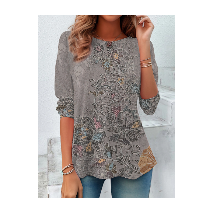 Women Floral Long Sleeve Tee T-shirt Crew Neck Casual Spring/Fall Tunic Top