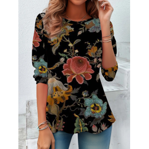Women Floral Long Sleeve Tee T-shirt Crew Neck Casual Spring/Fall Tunic Top