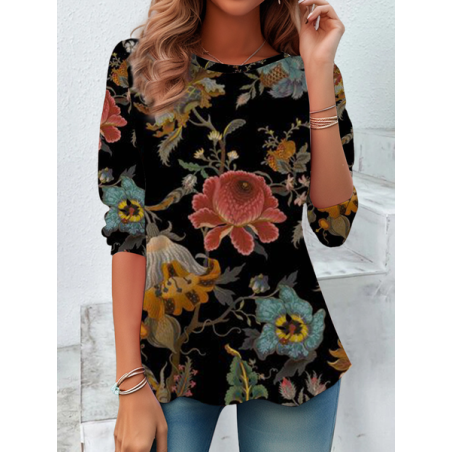 Women Floral Long Sleeve Tee T-shirt Crew Neck Casual Spring/Fall Tunic Top