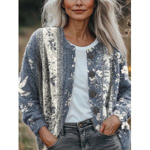 Women Floral Printing Long Sleeve Crew Neck Vintage Spring/Fall Cardigan Outerwear