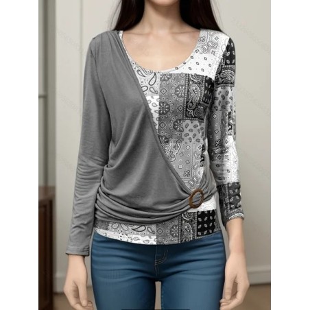 Women Geometric Long Sleeve Tee T-shirt Crew Neck Printing Vintage Spring/Fall Top