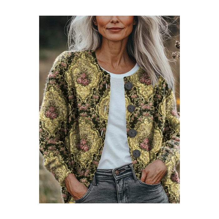 Women Floral Printing Long Sleeve Crew Neck Vintage Spring/Fall Cardigan Outerwear