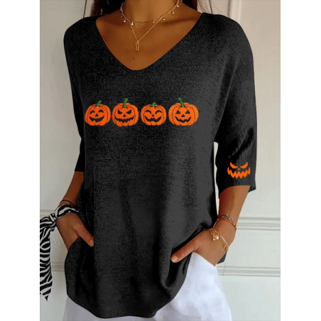 Women Halloween (pumpkin) Three Quarter Sleeve Tee T-shirt V Neck Printing Casual Spring/Fall Graphic Tee Top