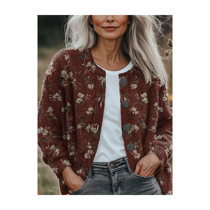 Women Floral Printing Long Sleeve Crew Neck Vintage Spring/Fall Cardigan Outerwear