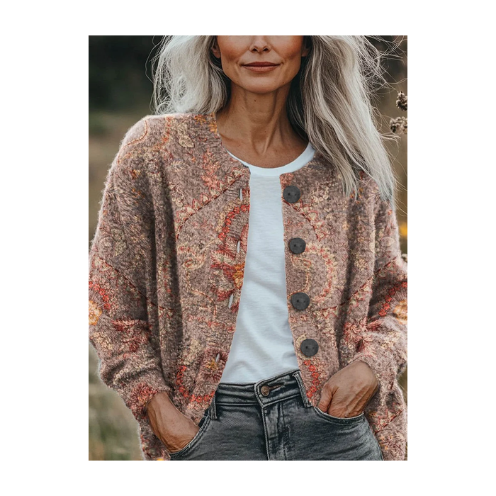 Women Floral Printing Long Sleeve Crew Neck Vintage Spring/Fall Cardigan Outerwear