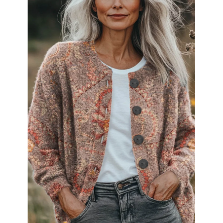 Women Floral Printing Long Sleeve Crew Neck Vintage Spring/Fall Cardigan Outerwear
