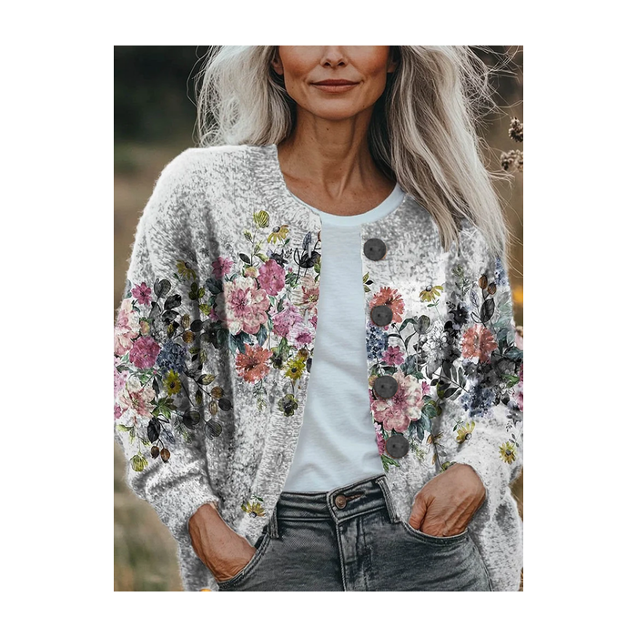 Women Floral Printing Long Sleeve Crew Neck Vintage Spring/Fall Cardigan Outerwear