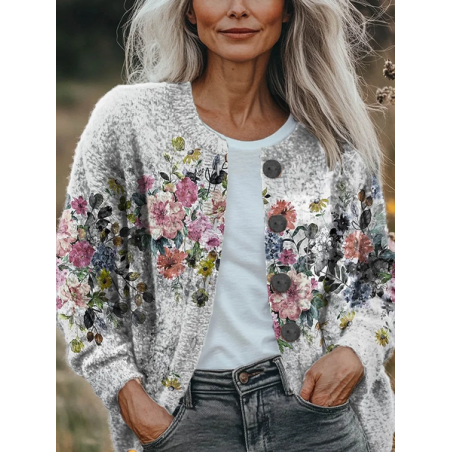 Women Floral Printing Long Sleeve Crew Neck Vintage Spring/Fall Cardigan Outerwear