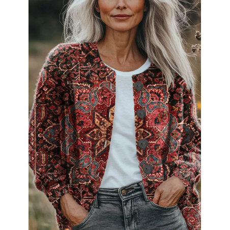 Women Floral Printing Long Sleeve Crew Neck Vintage Spring/Fall Cardigan Outerwear
