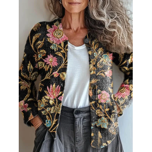 Women Floral Printing Long Sleeve Crew Neck Vintage Spring/Fall Cardigan Outerwear