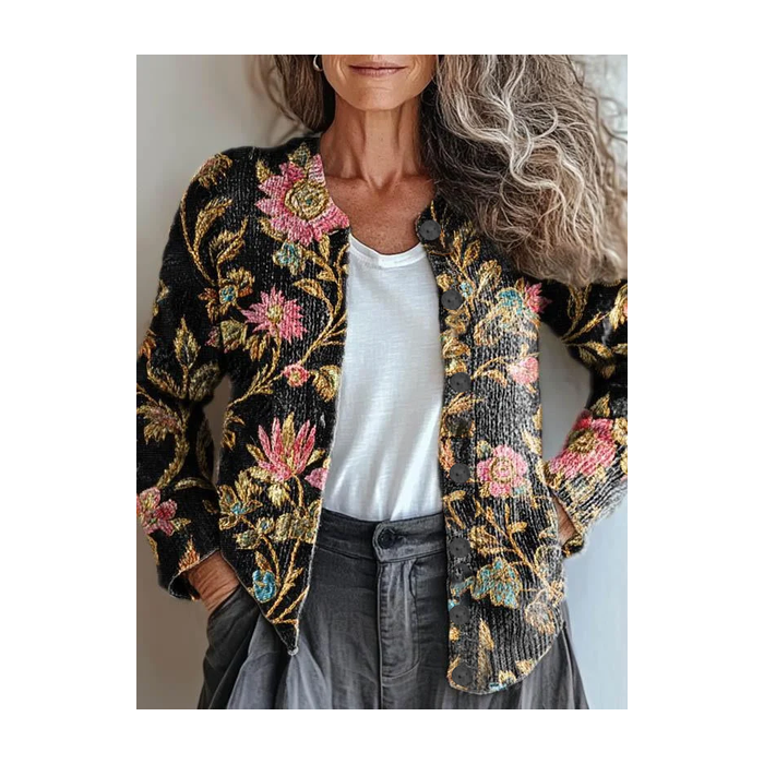 Women Floral Printing Long Sleeve Crew Neck Vintage Spring/Fall Cardigan Outerwear