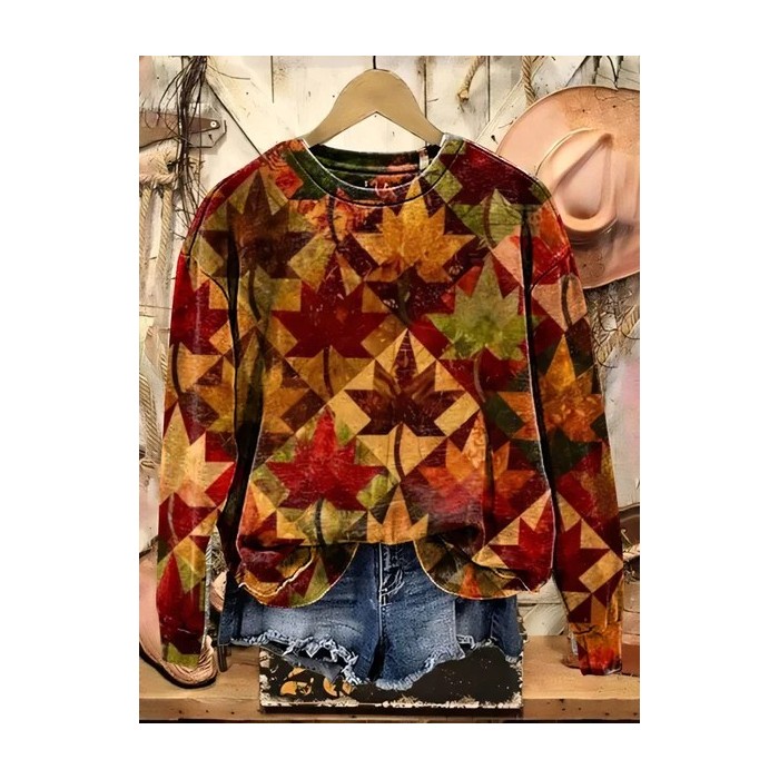 Women Maple Leaf Crew Neck Printing Casual Spring/Fall Long Sleeve Sweatshirt
