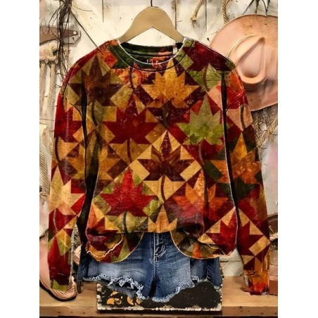 Women Maple Leaf Crew Neck Printing Casual Spring/Fall Long Sleeve Sweatshirt