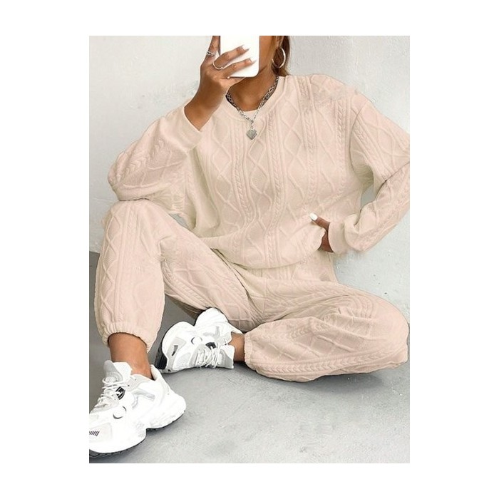 Women Plain Embossed Two-Piece Set Daily Long Sleeve Casual Spring/Fall Top With Pants Matching Set