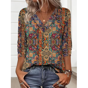 Women Nationality/ethnic Long Sleeve Tee T-shirt V Neck Casual Spring/Fall Top