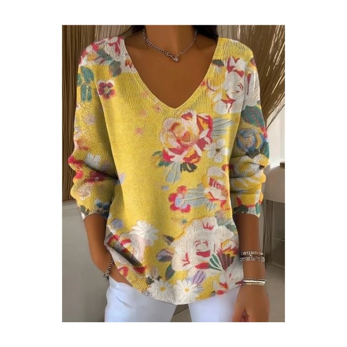 Women Floral Spring/Fall Casual Long Sleeve V Neck Cotton Sweater