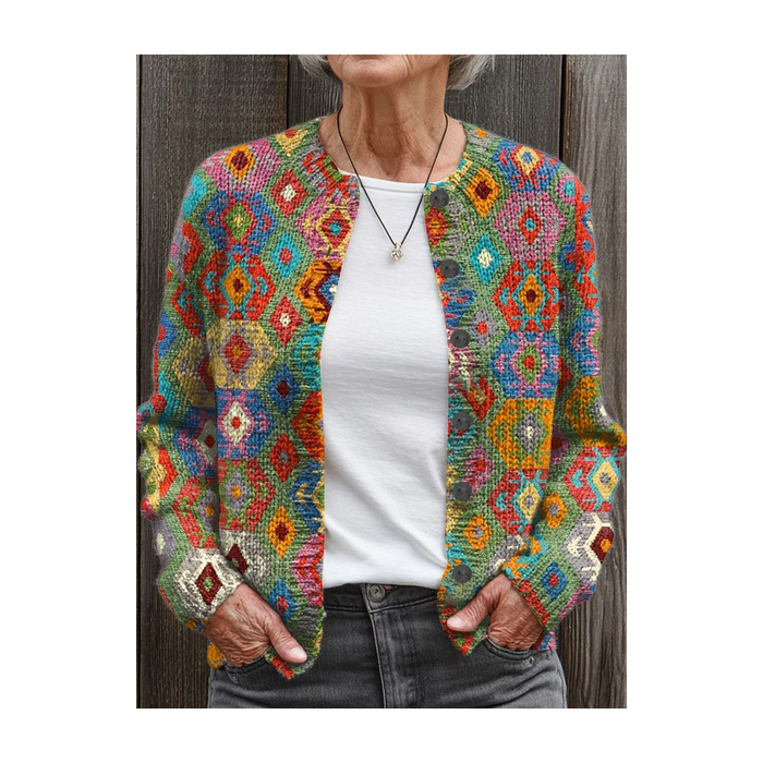 Women Abstract Printing Long Sleeve Crew Neck Vintage Spring/Fall Cardigan Outerwear