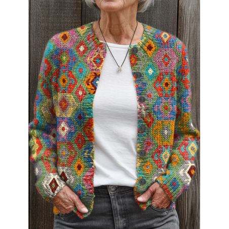 Women Abstract Printing Long Sleeve Crew Neck Vintage Spring/Fall Cardigan Outerwear