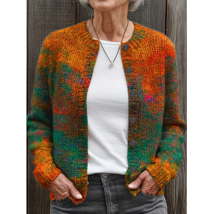 Women Abstract Printing Long Sleeve Crew Neck Vintage Spring/Fall Cardigan Outerwear