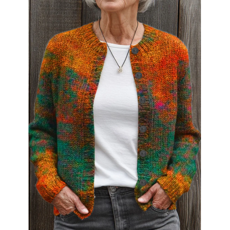 Women Abstract Printing Long Sleeve Crew Neck Vintage Spring/Fall Cardigan Outerwear