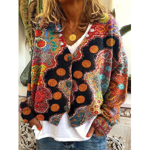 Women Abstract Printing Long Sleeve V Neck Casual Spring/Fall Cardigan Outerwear