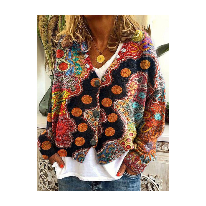 Women Abstract Printing Long Sleeve V Neck Casual Spring/Fall Cardigan Outerwear