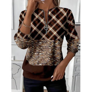 Women Plaid Crew Neck Printing Casual Spring/Fall Long Sleeve Sweatshirt