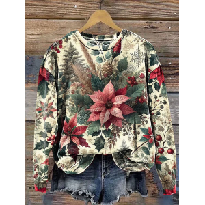 Women Floral Crew Neck Printing Casual Spring/Fall Long Sleeve Sweatshirt