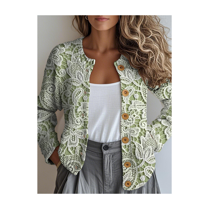 Women Floral Buttons Long Sleeve Crew Neck Vintage Spring/Fall Cardigan Outerwear