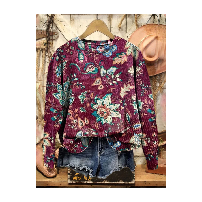 Women Floral Crew Neck Printing Casual Spring/Fall Long Sleeve Sweatshirt
