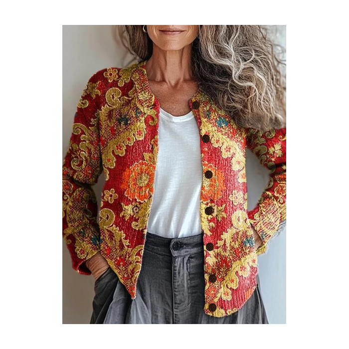 Women Floral Printing Long Sleeve Crew Neck Vintage Spring/Fall Cardigan Outerwear