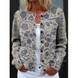 Women Floral Printing Long Sleeve Crew Neck Vintage Spring/Fall Cardigan Outerwear