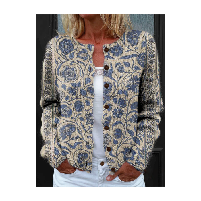 Women Floral Printing Long Sleeve Crew Neck Vintage Spring/Fall Cardigan Outerwear