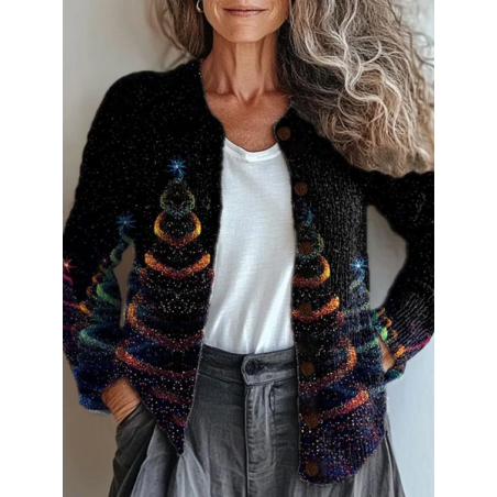 Women Christmas Printing Long Sleeve Crew Neck Vintage Spring/Fall Cardigan Outerwear