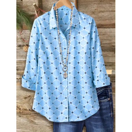 Women Abstract Long Sleeve Shirt Spring/Fall Buckle Shirt Collar Regular Sleeve Daily Casual Top