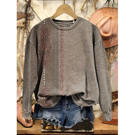 Women Ethnic Crew Neck Printing Casual Spring/Fall Long Sleeve Sweatshirt