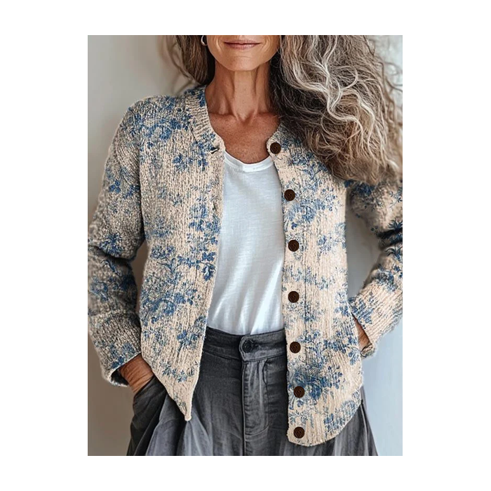 Women Floral Printing Long Sleeve Crew Neck Vintage Spring/Fall Cardigan Outerwear