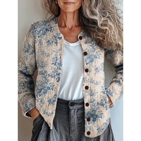 Women Floral Printing Long Sleeve Crew Neck Vintage Spring/Fall Cardigan Outerwear