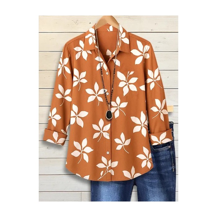 Women Floral Long Sleeve Shirt Spring/Fall Buckle Shirt Collar Regular Sleeve Daily Casual Top