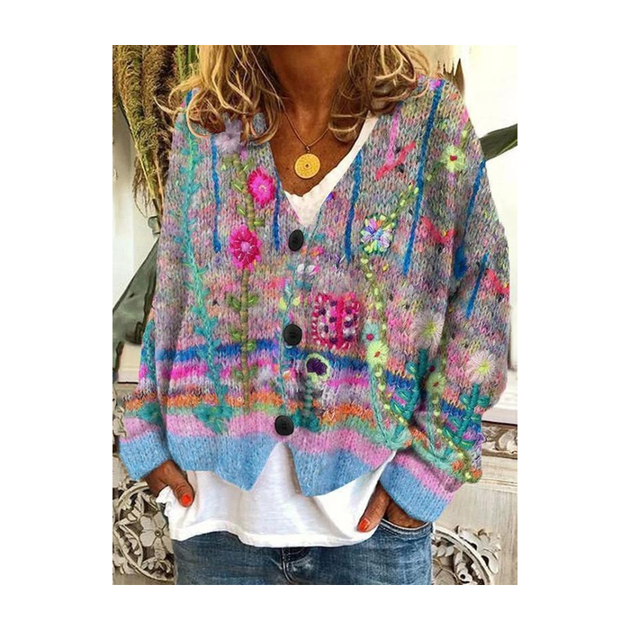 Women Floral Printing Long Sleeve V Neck Casual Spring/Fall Cardigan Outerwear