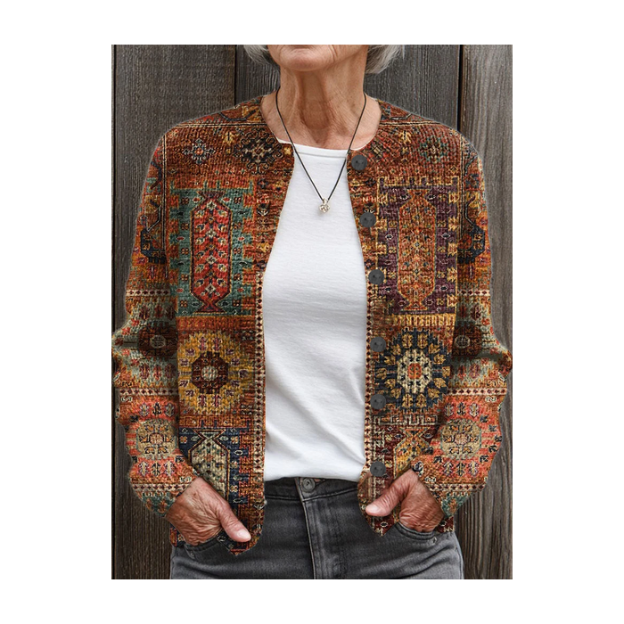 Women Abstract Printing Long Sleeve Crew Neck Vintage Spring/Fall Cardigan Outerwear