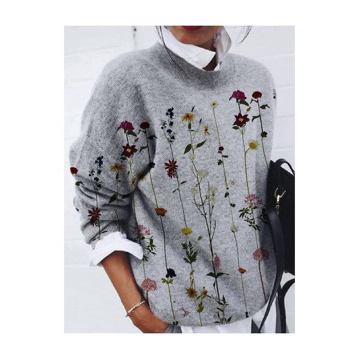 Women Floral Printing Spring/Fall Casual Long Sleeve Crew Neck Sweater