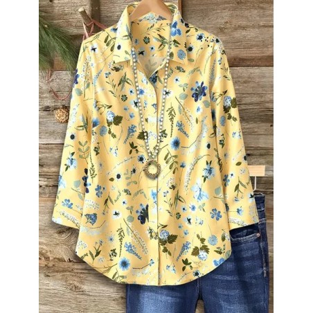Women Floral Long Sleeve Shirt Spring/Fall Buckle Shirt Collar Regular Sleeve Daily Casual Top