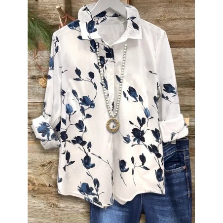 Women Floral Long Sleeve Shirt Spring/Fall Buckle Shirt Collar Regular Sleeve Daily Casual Top