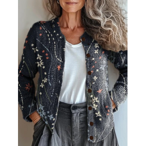 Women Floral Printing Long Sleeve Crew Neck Vintage Spring/Fall Cardigan Outerwear