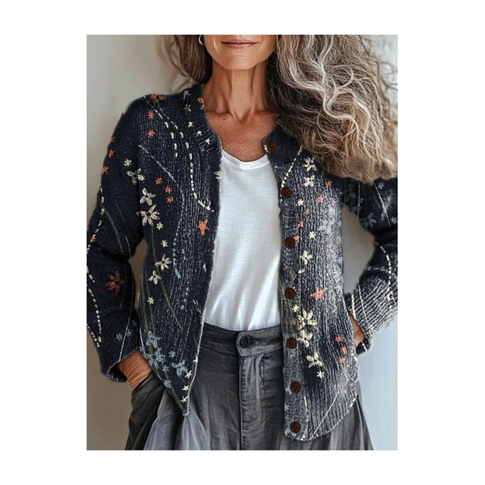 Women Floral Printing Long Sleeve Crew Neck Vintage Spring/Fall Cardigan Outerwear