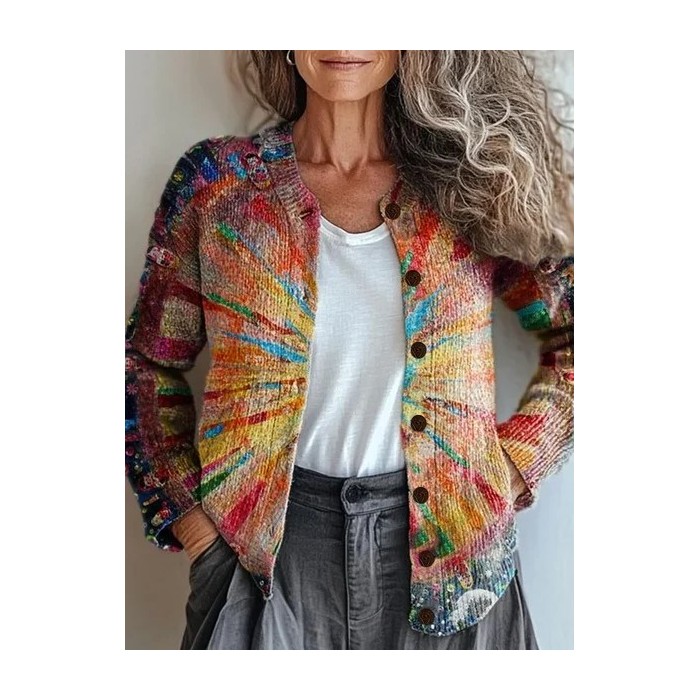Women Abstract Printing Long Sleeve Crew Neck Vintage Spring/Fall Cardigan Outerwear