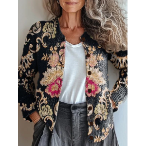 Women Floral Printing Long Sleeve Crew Neck Vintage Spring/Fall Cardigan Outerwear