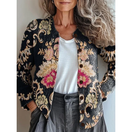 Women Floral Printing Long Sleeve Crew Neck Vintage Spring/Fall Cardigan Outerwear